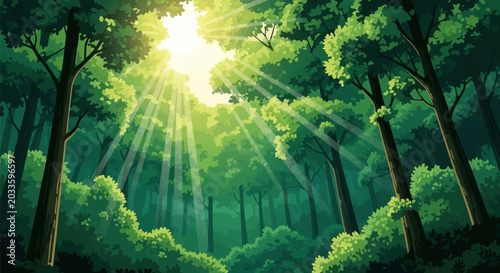 Detailed vector illustration showing bright sunbeams and light rays penetrating a lush green tree canopy in a dense forest with tall trunks and vibrant summer foliage.