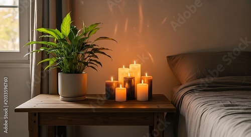 Cozy living room with warm lighting and plants.