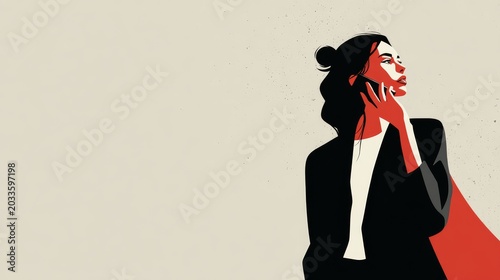 Woman Silhouette with Long Hair on Cream Background, Minimal Female Profile Illustration