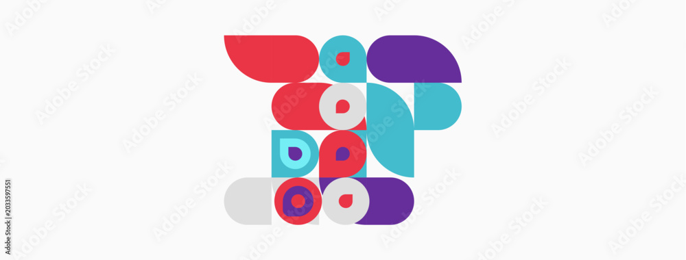 Fototapeta premium Abstract colorful shapes form panda face. Geometric design uses circles, semicircles, squares. Minimalist style, bright hues present.