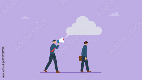 Businessman shouting in megaphone with anger at stressed employee. Business communication problems, teamwork and bad leadership concept.