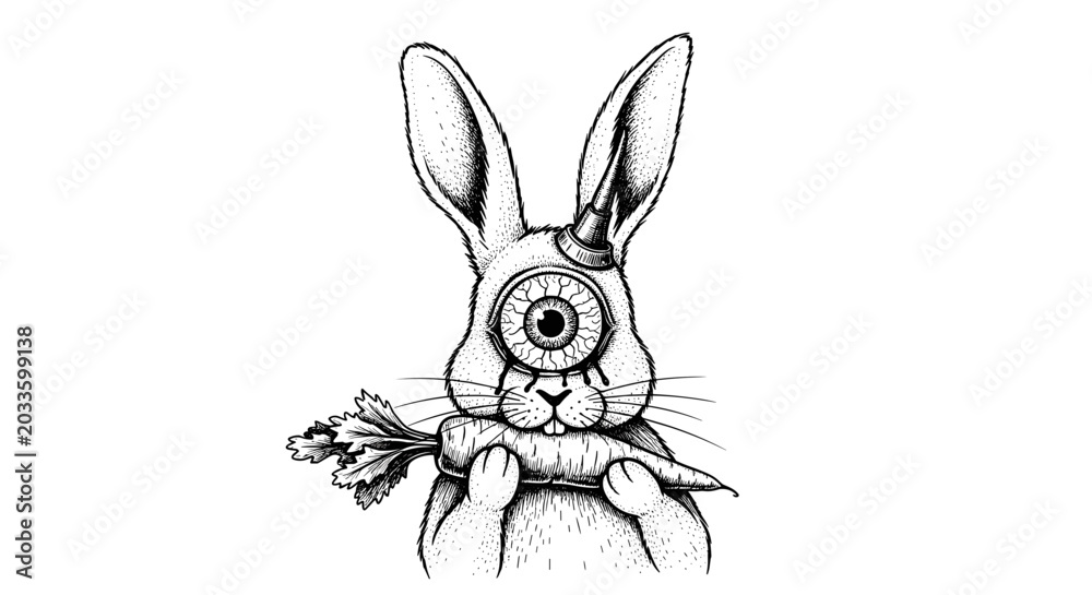 Obraz premium Whimsical Rabbit with Cyclops Eye and Carrot Illustration.