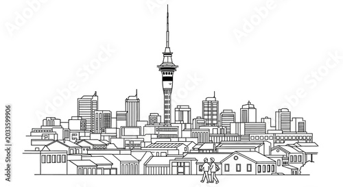 Detailed City Skyline Featuring Iconic Tower Illustration.