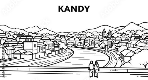Illustrated panoramic view of Kandy cityscape with travelers.