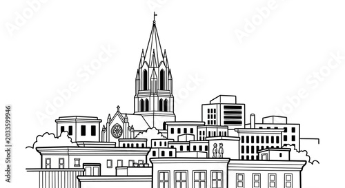 Detailed black and white cityscape with church skyline.