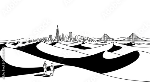 Surreal black and white cityscape with travelers illustration.