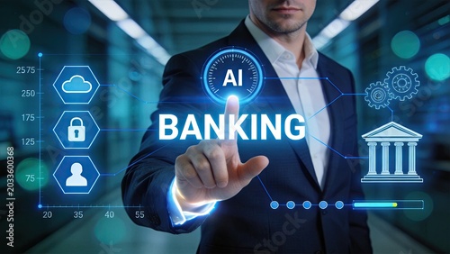 Businessman interacting with AI banking interface featuring cloud security icons and financial data visualization for modern fintech solutions.