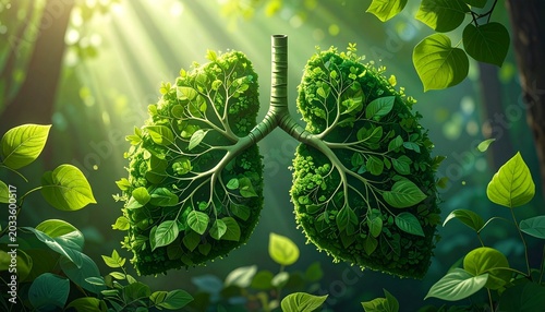 Green lungs formed from leaves suspended in forest sunlight, symbolizing nature’s respiration, ecological balance, and forests as the lungs of the Earth.