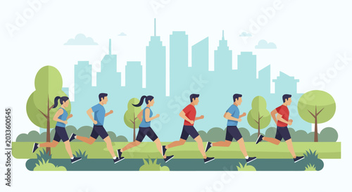 Foto Diverse group of people running together in a park.