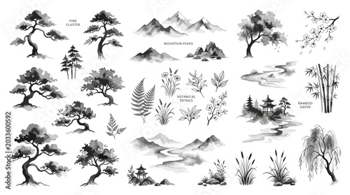 Set of traditional oriental ink wash painting elements including pine trees, mountains, bamboo and flowers