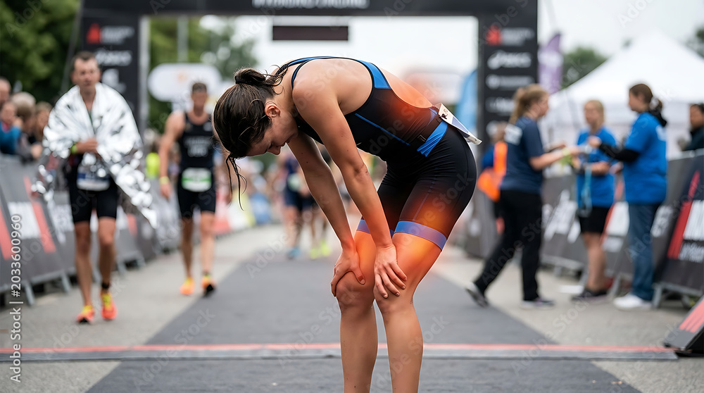 Fototapeta premium Athlete Joint Pain & Exhaustion After Race. Sports Injury Recovery, Endurance Challenge, Physical Therapy Concept