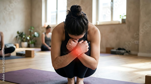 Woman with Wrist Pain During Yoga. Fitness Injury, Joint Discomfort, Exercise Health Problem, Pain Management, Wellness & Recovery