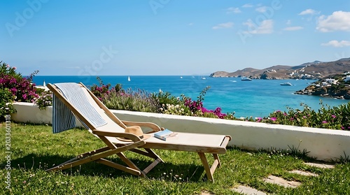 A bright, sunny-day photograph of a classic folding sun lounger with a natural wood frame and off-white sling, sitting on a lush lawn behind a white low wall, with the Mediterranean Sea