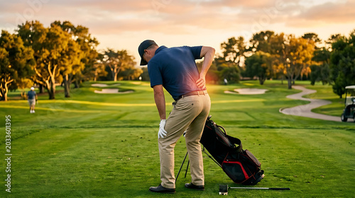Golfer with back pain on golf course. Sports injury, lower back discomfort, physical therapy, chiropractic, healthcare marketing concept