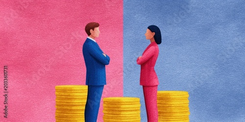 Man and Woman in Suits Standing on Coin Stacks Representing Gender Pay Gap Career Equity and Corporate Salary Comparison Concept