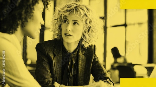 Female CEO mentoring a young professional in her office, with a designated top-left text area.