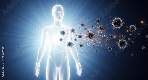 Human figure, illustrating body immunity response, battling microscopic organism, preventing cellular infection, showcasing biological defense mechanism, providing internal health protection.
