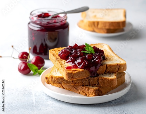Fresh Cherry Jam Topped Toast Slices on White Plate in Bright Kitchen Setting