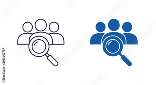 People group icon with magnifying glass: Icon set - Minimalist, flat icon, outline, glyph, linear, clipart, sticker 