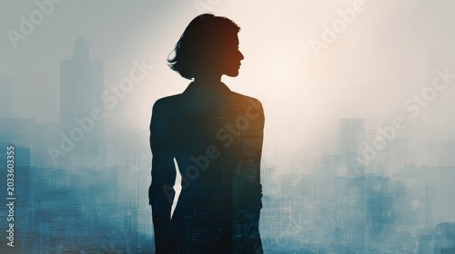 Female CEO's silhouette against a cityscape, symbolizing ambition, top-left empty. 