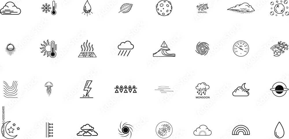 Fototapeta premium Weather thin liner icon set. Containing Weather Forecast Icon, Seven Day Forecast Icon, Temperature Icon, Wind Speed Icon, Road Weather Icon, Sound Wave Icon. Editable stroke vector illustrations.