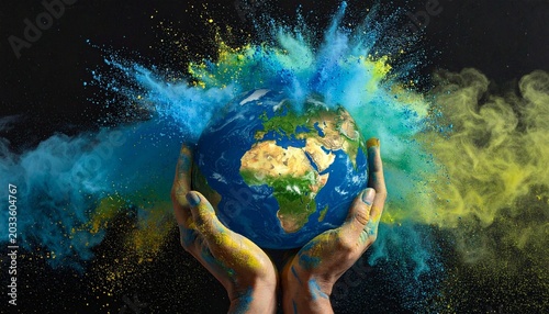 Hands holding Earth globe with vibrant powder bursts, dark backdrop highlighting continents, symbolizing protection, diversity, and nurturing the planet’s beauty and vitality.