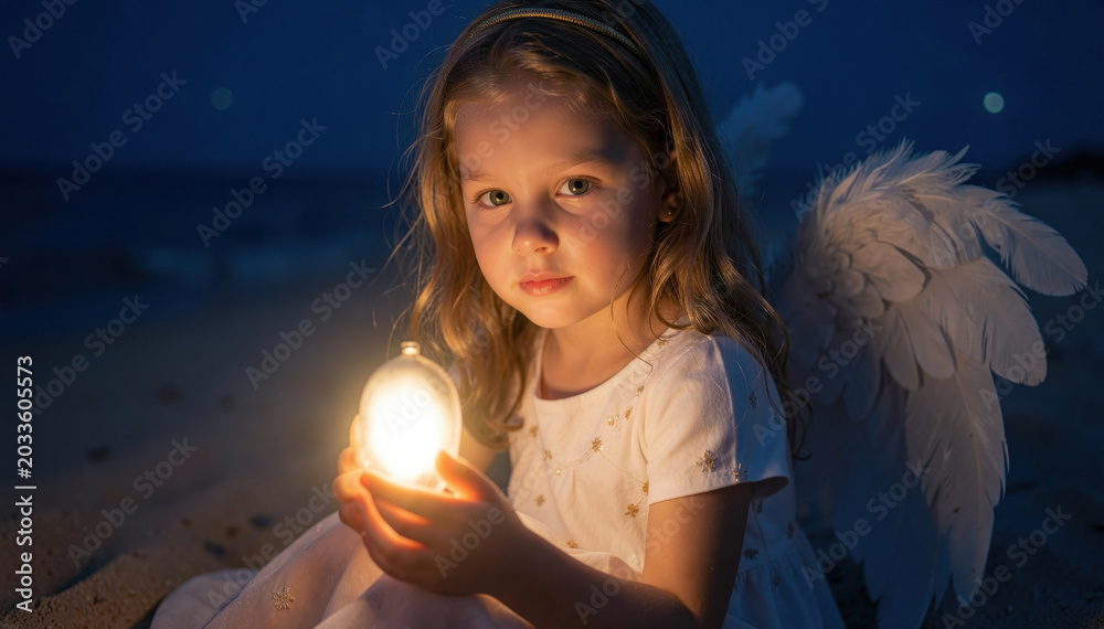 Obraz premium Angel Girl with Lantern: A young girl with angelic wings holds a glowing lantern, sitting on a beach at dusk, evoking a sense of innocence and wonder.