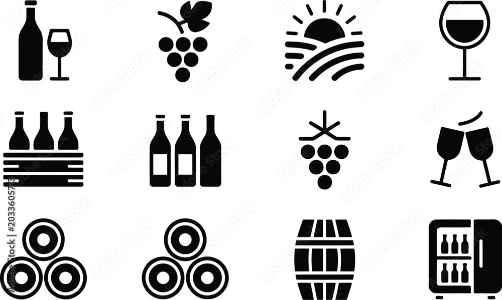 Fototapeta premium Wine and vineyard icons set, beverage bottles barrels grapes symbols vector isolated minimalist winery design collection background