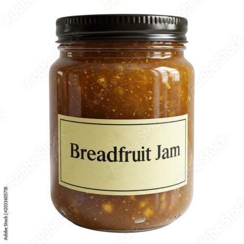 Homemade breadfruit jam jar with black lid and label displayed isolated on white background