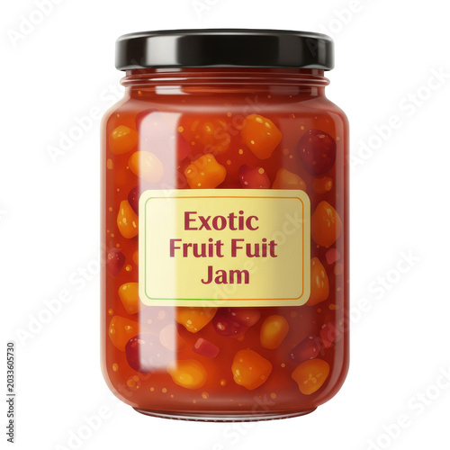 Glossy jar of exotic fruit jam with black lid and label detail isolated on white background