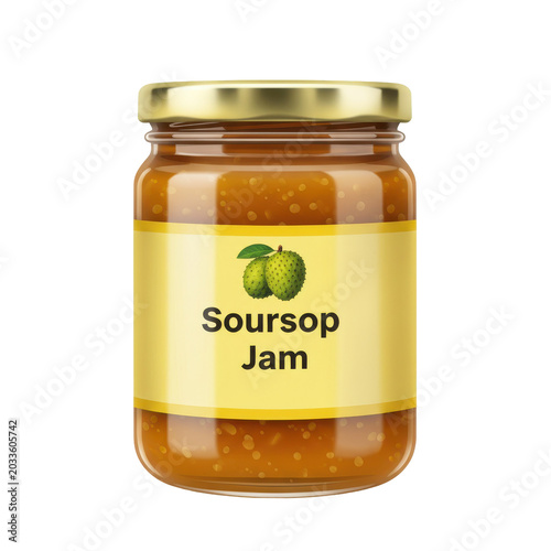 Glass jar of golden brown soursop jam with yellow label isolated on white background