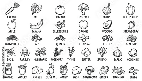 Hand drawn sketch style vector illustrations of fresh fruits vegetables grains and dairy products.