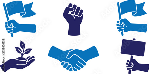 Foto Collection of icons representing social movements and activism including hands f