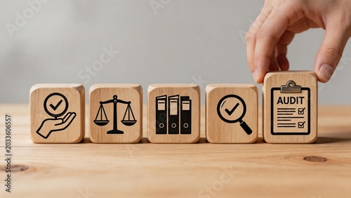 Wooden blocks with audit and legal icons representing compliance verification, business inspection checklist, regulatory standards and quality control assessment.