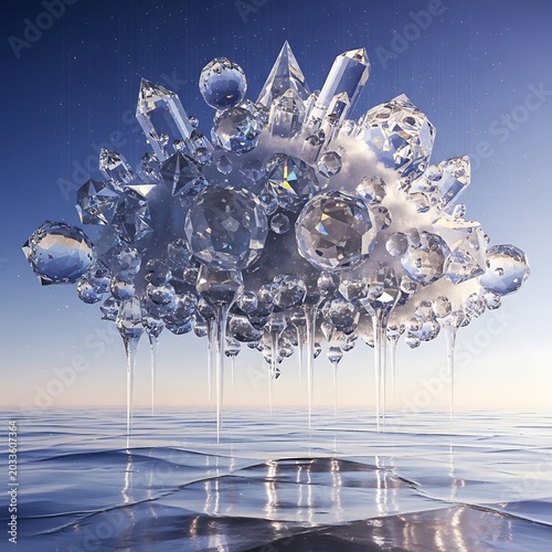 Glowing Crystal Formation in Water Environment.