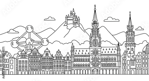 Detailed City Skyline with Historic Architecture Outline.
