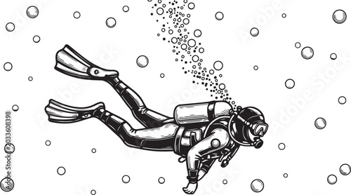 Vintage scuba diver illustration with bubbles and underwater scene in black and white