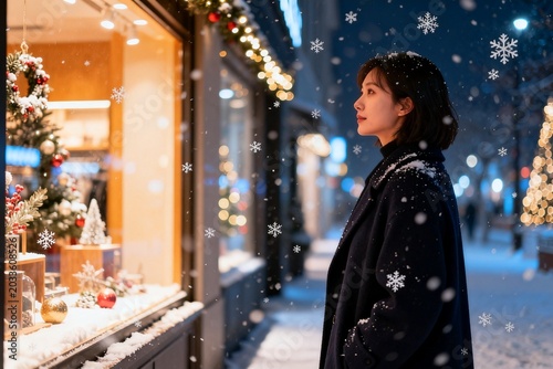 Woman in winter coat looking at festive window display
