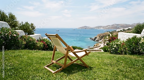 A full-shot of an elegant wooden sling chair placed on a green grass area, featuring the sea and horizon
