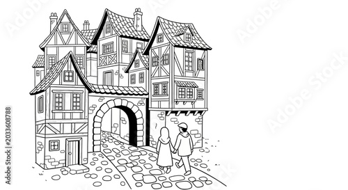 Medieval village archway with two travelers walking through.
