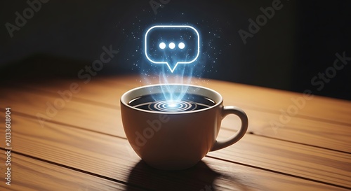 Coffee Cup with Glowing Chat Icon.