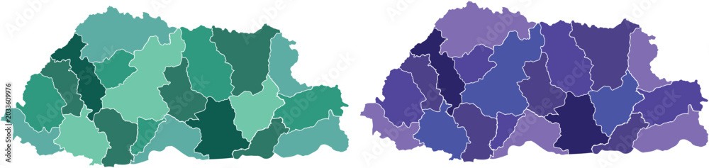 Fototapeta premium Bhutan Administrative Districts Map in Teal and Purple Color Variants Showing Regional Divisions on White Background