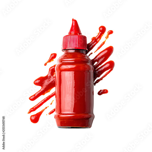 Splashing red paint from overturned bottle on white background with dynamic motion
