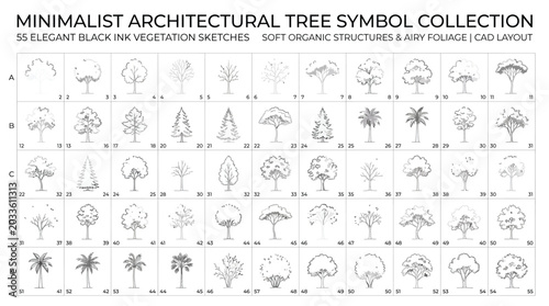 Minimalist architectural tree symbol collection for cad layout and landscape design