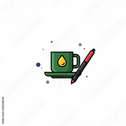 Flat design graphic of a green coffee cup with a yellow flame on a saucer next to a red and black pencil with artistic creative symbols around on white background