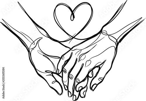 Continuous line art illustration of two hands holding each other with a heart symbol.