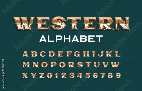 Classic western alphabet font. Distressed rough letters and numbers with scratched texture. Vector typescript for saloon signs, vintage labels, poster headlines, and badge lettering.