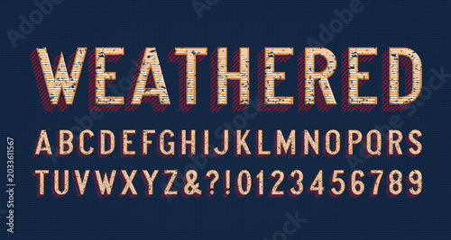 Weathered alphabet font. Distressed scratched letters and numbers with a dirty vintage look. Vector typescript for poster titles, label design, signage, and old western typography.