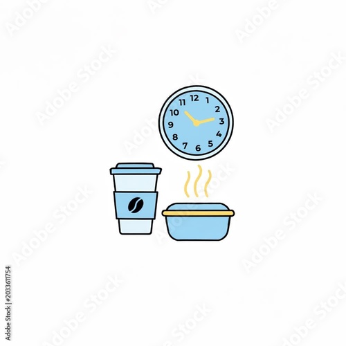 Minimalist morning routine concept with steaming bowl of oatmeal, coffee cup, and clock on wall, simple line art style, symbolizing breakfast and time management