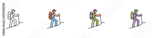 Photography Mountain trekking hiker and outdoor adventure icon set